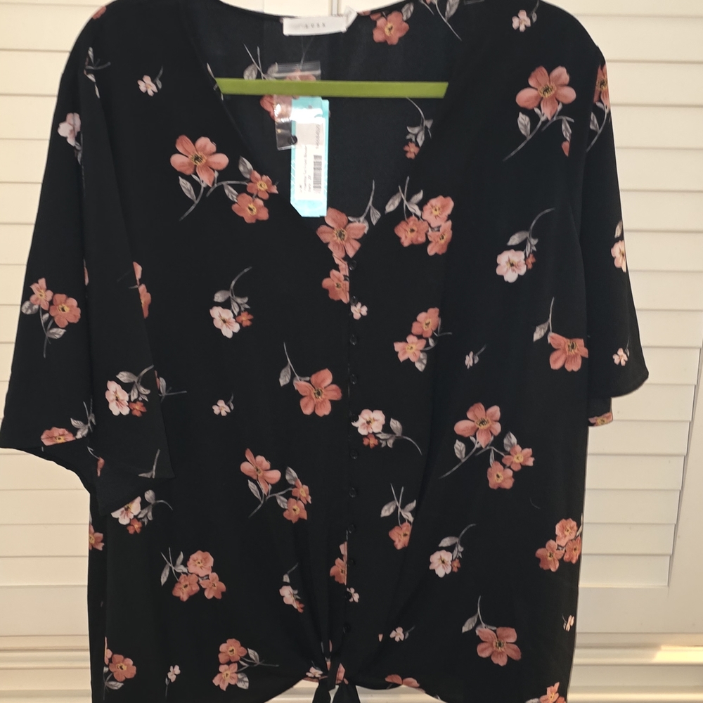 Lush Black and Pink Tie Front Blouse